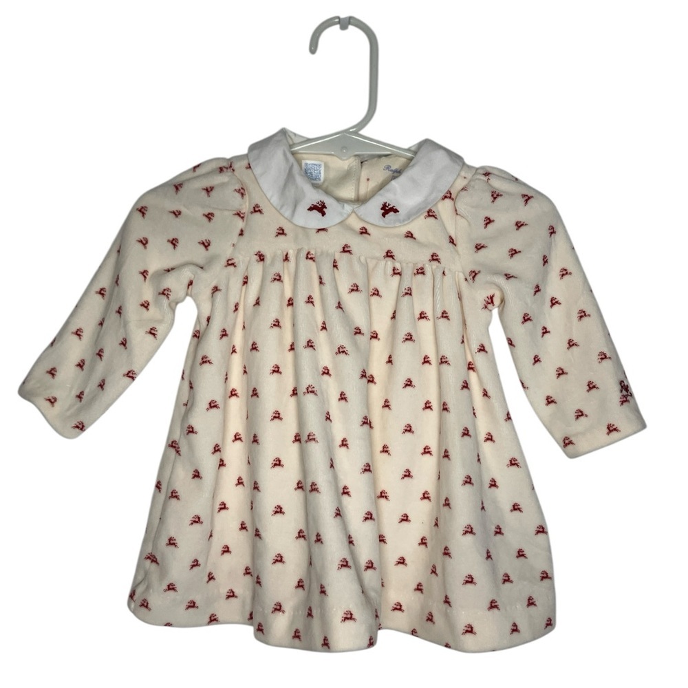Ralph Lauren Baby Girl Velour Christmas Dress 3MO Reindeer Holiday Cream Red